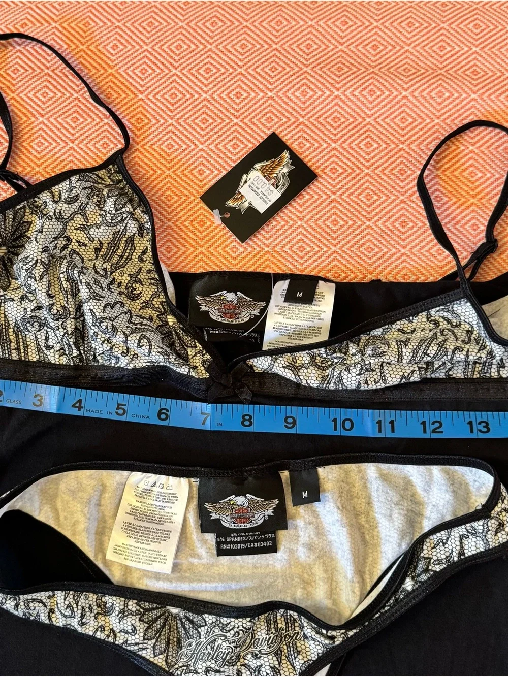 Harley-Davidson Black and cream Lace print, black Trim Bralette &  thong Set. - Picture 4 of 8